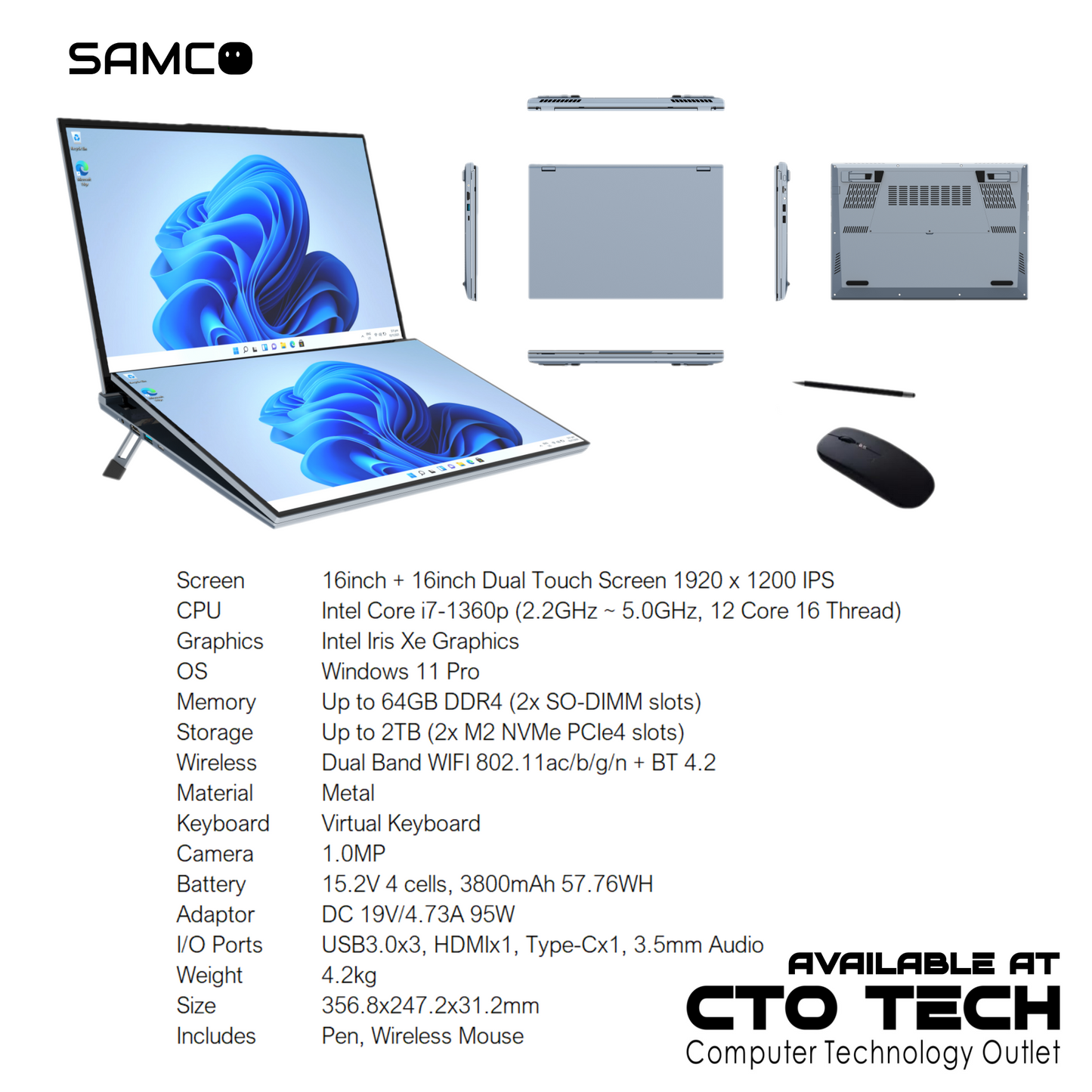 SAMCO M40 Silver CI7-1360P 16/32GB RAM 512GB/1TB SSD 16in+16in 1920x1200 Dual Touch W11P w/PEN