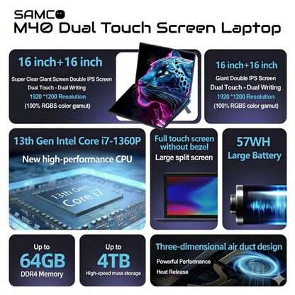 SAMCO M40 Silver CI7-1360P 16/32GB RAM 512GB/1TB SSD 16in+16in 1920x1200 Dual Touch W11P w/PEN